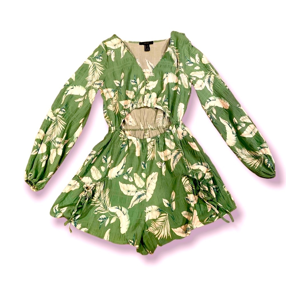 Floral Print Romper - Cutout Short Romper w/pockets, long-sleeve V Neck